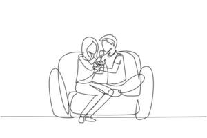 única linha contínua desenho casal romântico sentados relaxados juntos no sofá, mulher alimentando o homem com pipoca. comemorar aniversário de casamento. ilustração em vetor desenho gráfico dinâmico de uma linha