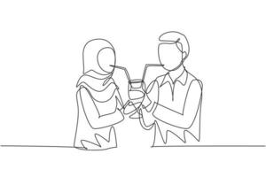única linha contínua desenho jovem casal árabe bebendo usando canudos e copos grandes juntos. comemore aniversários e desfrute de um jantar romântico. ilustração em vetor desenho gráfico de uma linha