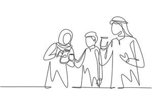 desenho de linha única contínua jovem família árabe comemora união e feriado bebendo chá quente. momento relaxante e refrescante na vida. ilustração em vetor desenho gráfico dinâmico de uma linha