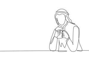 única linha contínua desenho jovem árabe sentado e segurando uma xícara de café com uma das mãos. aproveite a manhã antes de trabalhar no escritório. pessoa de sucesso. ilustração em vetor desenho gráfico de uma linha