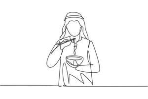 única linha de desenho jovem árabe comendo macarrão com pauzinhos ao redor da mesa. aproveite o almoço quando estiver com fome. comida deliciosa e saudável. linha contínua desenhar design gráfico ilustração vetorial vetor