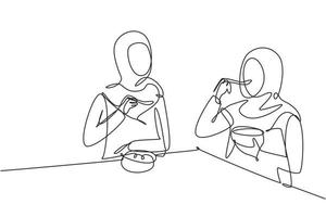 única linha contínua desenho árabe mãe e filha comendo cereais juntos ao redor da mesa. Desfrute do café da manhã em casa. comida saborosa e saudável. ilustração em vetor desenho gráfico de uma linha