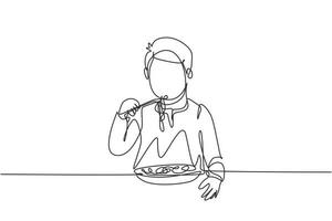 único desenho de linha jovem rapaz árabe comendo espaguete com pauzinhos ao redor da mesa. aproveite o almoço quando estiver com fome. comida deliciosa e saudável. linha contínua desenhar design gráfico ilustração vetorial vetor