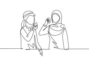 única linha contínua desenho jovem casal árabe comendo donuts refeição no restaurante. adolescentes felizes, sorrindo e rindo juntos. falando de amizade. ilustração em vetor desenho gráfico de uma linha
