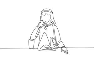 único desenho de linha jovem árabe comendo frutas refeição com garfo ao redor da mesa. Desfrute de sobremesa no restaurante. comida deliciosa e saudável. linha contínua desenhar design gráfico ilustração vetorial vetor