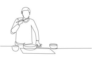 contínua uma linha desenhando um jovem homem bonito misturando molho de tomate, degustação e refeição de condimento com espátula de madeira. preparar comida na cozinha aconchegante. ilustração gráfica de vetor de desenho de linha única