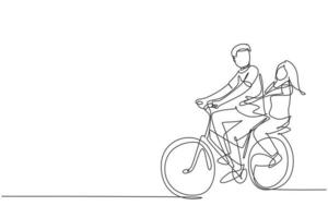 casal único de desenho de linha contínua se diverte andando de bicicleta. casal romântico de ciclismo de mãos dadas. união de jovem marido e mulher. ilustração em vetor desenho gráfico dinâmico de uma linha