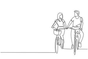 contínuo um desenho de linha casal feliz andando de bicicleta ao ar livre no verão. casal romântico de ciclismo de mãos dadas. união de jovem marido e mulher. ilustração gráfica de vetor de desenho de linha única