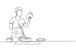 único desenho de linha contínua jovem cozinhando enquanto lê o livro que ela está segurando. conceito de estilo de vida de comida saudável. cozinhar em casa. Preparar comida. ilustração em vetor desenho gráfico de uma linha