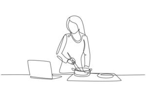 contínua com um desenho de linha mulher cozinhando o jantar tem uma conversa por videochamada na cozinha. mulher falando com um amigo usando o aplicativo no laptop. ilustração gráfica de vetor de desenho de linha única