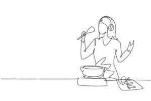 desenho de linha contínua única linda esposa começa a preparar o jantar em família cantando como uma estrela do rock com utensílios de cozinha e uma lista de reprodução de música alegre. ilustração em vetor desenho gráfico dinâmico de uma linha