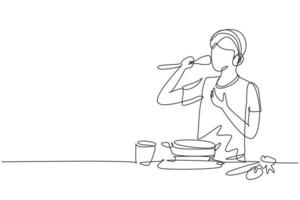 contínua uma linha desenho marido bonito começa a preparar o jantar em família cantando como uma estrela do rock com utensílios de cozinha e uma lista de reprodução de música alegre. ilustração gráfica de vetor de desenho de linha única