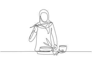 única linha contínua desenho mulher árabe misturando molho de tomate, degustação e refeição relish com espátula de madeira. preparar comida na cozinha aconchegante. ilustração em vetor desenho gráfico dinâmico de uma linha