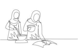 única linha contínua desenhando duas mulheres árabes cozinhando a refeição enquanto lê o livro tutorial na mesa da cozinha aconchegante em casa. estilo de vida alimentar saudável. ilustração em vetor desenho gráfico dinâmico de uma linha