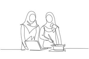 desenho de linha única duas mulher árabe cozinhando o jantar tem uma conversa de videochamada na cozinha e conversando com um amigo usando o aplicativo no laptop. ilustração em vetor gráfico design de linha contínua