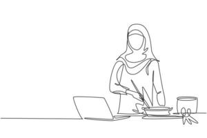 mulher árabe fazendo o jantar de desenho de uma linha tem uma conversa por videochamada na cozinha. mulher falando com um amigo usando o aplicativo no laptop. ilustração em vetor gráfico design de linha contínua