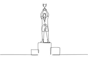 contínua uma linha desenhando um atleta masculino vestindo uma camisa esportiva, levantando o troféu dourado com as duas mãos no pódio. comemorando a vitória do campeonato. ilustração gráfica de vetor de desenho de linha única