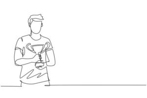 único um atleta masculino de desenho de linha vestindo jérsei esportivo, segurando o troféu de ouro com as duas mãos. comemorando a vitória da competição nacional. linha contínua desenhar design gráfico ilustração vetorial vetor