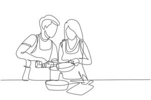 Contínuo um desenho de linha feliz casal romântico derramar óleo na panela que está sendo segurada por um deles. preparação culinária na cozinha aconchegante em casa. ilustração gráfica de vetor de desenho de linha única