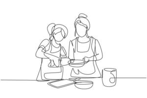 mãe e filha de um desenho de uma linha derramam óleo na panela que está sendo segurada por uma delas. preparação culinária na cozinha aconchegante em casa. linha contínua desenhar design gráfico ilustração vetorial vetor