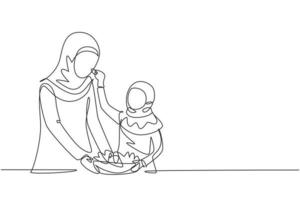 desenho de linha contínua única mãe árabe alimenta a filha com comida e na frente dela está uma tigela cheia de salada. cozinhando juntos em uma cozinha aconchegante. ilustração em vetor desenho gráfico de uma linha