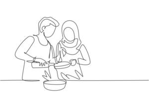 contínuo um desenho de linha romântico casal árabe despeje óleo na panela que está sendo realizada por um deles. preparação culinária na cozinha aconchegante em casa. ilustração gráfica de vetor de desenho de linha única