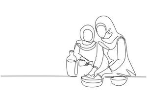 único desenho de linha contínua filhinha árabe ajudando a mãe a fazer massa adicionando azeite de oliva. preparação de pastelaria na acolhedora cozinha em casa. ilustração em vetor desenho gráfico de uma linha
