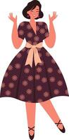 feliz mulher dentro PIN acima estilo, anos 60 e florido roupas, com feliz surpresa expressão vetor