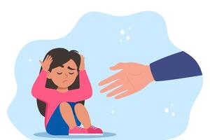 humano mão ajuda infeliz e triste criança dentro depressão sentado. mental saúde conceito. vetor