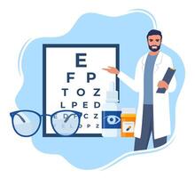 oftalmologia ícone composição. copos, olho gotas, contato lentes, teste mesa com cartas para olho exame. visão correção. oftalmologia conceito. vetor