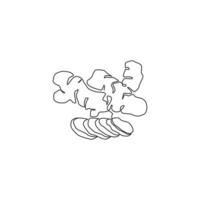 uma linha contínua desenhando gengibre orgânico saudável para a identidade do logotipo da fazenda. conceito de rizoma de planta com floração fresca ícone perene herbáceo. ilustração gráfica de vetor moderno desenho de linha única