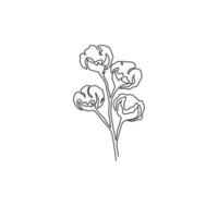 um desenho de linha contínua de uma flor de algodão macia e fofa inteira para a identidade do logotipo agrícola. conceito de flor de fibra básica para ícone de jardim. ilustração vetorial moderna de desenho gráfico de linha única vetor