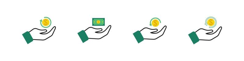 conjunto ícone mão segurando moeda dinheiro de volta vetor