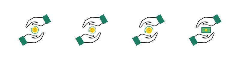 conjunto ícone mão segurando moeda dinheiro de volta vetor