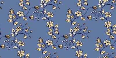 abstrato artístico galhos com selvagem flores, minúsculo sinos, pequeno folhas desatado padronizar em uma azul fundo. criativo suavemente amarelo floral hastes entrelaçados dentro uma verão impressão. mão retirou. vetor
