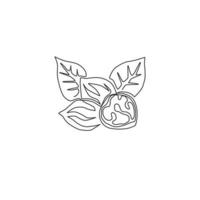 um único desenho de linha de alimentos inteiros de nozes orgânicas saudáveis e folhas para identidade do logotipo do pomar. conceito de casca de noz fresco para ícone de semente saudável. ilustração em vetor desenho moderno linha contínua