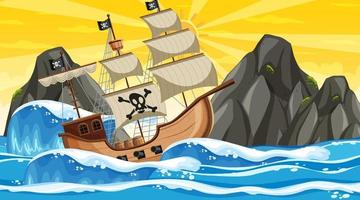 oceano com navio pirata na cena do pôr do sol no estilo cartoon vetor
