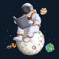 mão desenhado astronauta dentro traje espacial sentado em a lua enquanto lendo uma livro, cosmonauta com planetas vetor