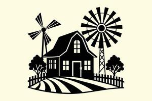 moinho de vento com Fazenda casa ilustração silhueta vetor