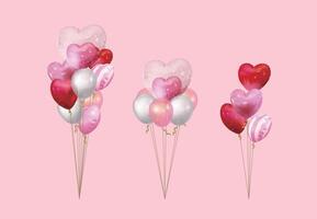 uma conjunto do balão cordas, em forma de coração e volta balões, vermelho e rosa, prata, adequado para festas, eventos, aniversários vetor