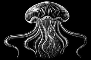branco silhueta do medusa com fluindo tentáculos. oceânico medusa. conceito do oceano animal, mar criatura. gráfico ilustração. imprimir, elemento para Projeto. isolado em Preto fundo vetor