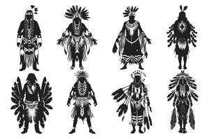 nativo americano indiano traje Preto silhueta, jovem mulher dentro traje do americano indiano. silhueta do lindo indiano mulheres vetor