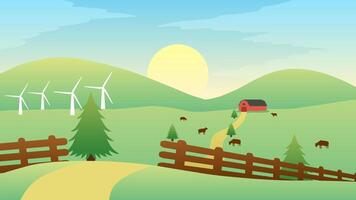panorama ilustração do terras agrícolas com gado e celeiro dentro verde Colina vetor