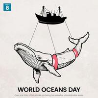 mundo oceanos dia Projeto modelos com baleeiros e baleias vetor