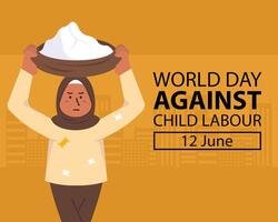 ilustração gráfico do uma mulher levantado uma bandeja preenchidas com arroz, perfeito para internacional dia, mundo dia contra criança trabalho, comemoro, cumprimento cartão, etc. vetor