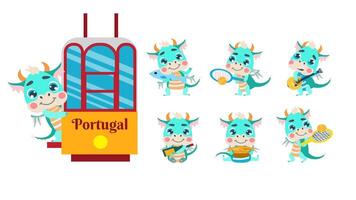 conjunto do fofa pequeno dragões dentro Portugal quem passeio a eléctrico, ir para a pastel de nata pastelaria comprar, jogar tênis, beber vinho, levar peixe, cantar fado. para a Projeto do recordações para turistas e Viajantes. vetor