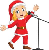 desenho animado pequeno menina cantando dentro Natal traje vetor