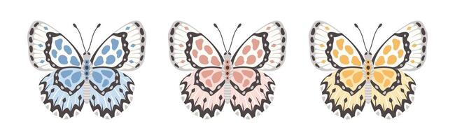 conjunto do borboletas, ilustração. inseto asas com abstrato ornamento, frente visualizar, uma símbolo para tatuagem Projeto. verão fundo vetor