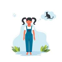 menina sonha com um gato. a criança deseja receber um animal de estimação de presente. personagem de menina criança sorridente feliz. ilustração em vetor expressão criança criança. ilustração vetorial