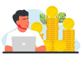 freelancers de homem trabalhando em laptops ganham muito dinheiro. um empresário está ao lado de moedas, trabalha em um computador. os investidores trabalham para obter lucro, renda, dividendos. investimento, dinheiro, finanças. vetor